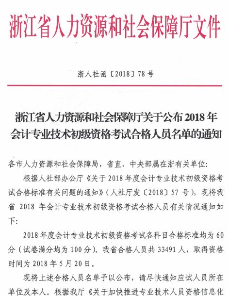 浙江2018年初級會計考試33491人成績合格