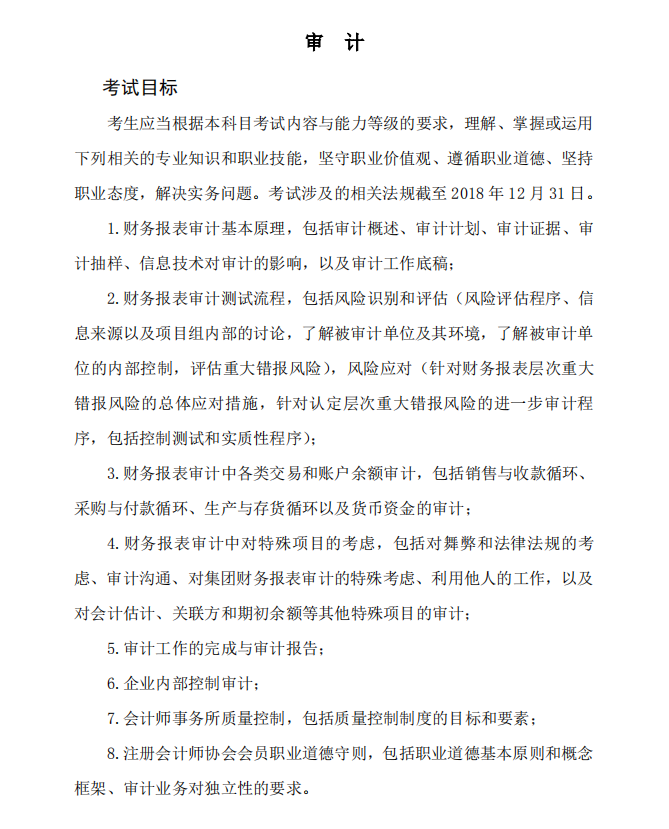 2019年注冊會計師《審計》考試大綱