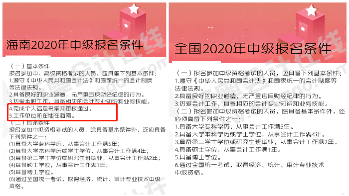 一、海南VS全國(guó)2020年中級(jí)會(huì)計(jì)報(bào)名條件對(duì)比