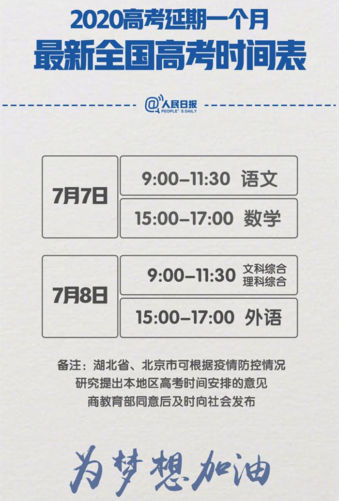 高考時(shí)間表2020