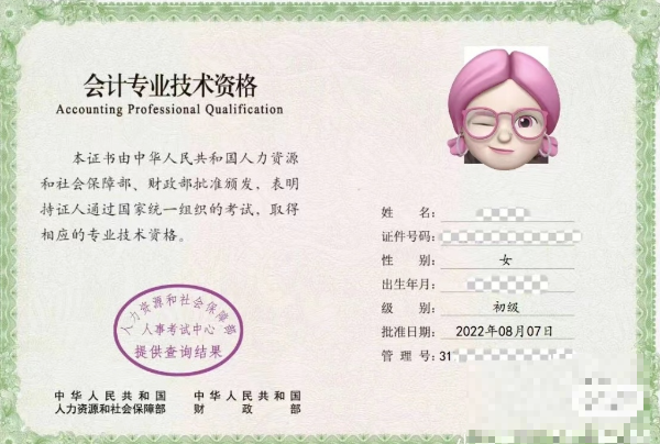 初級會計證書電子版示意圖